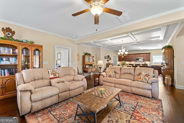 57 Cedarcrest Village Ln, Acworth, GA 30101 - living room with dark wood-type flooring, a chandelier, a ceiling fan, coffered ceiling, and ornamental molding