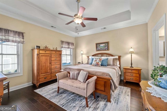 57 Cedarcrest Village Ln, Acworth, GA 30101 - bedroom featuring a tray ceiling, ornamental molding, dark wood-style flooring, baseboards, and ceiling fan