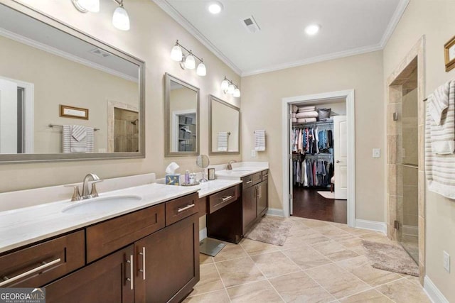 57 Cedarcrest Village Ln, Acworth, GA 30101 - full bathroom featuring a shower stall, ornamental molding, vanity, tile patterned flooring, and a spacious closet