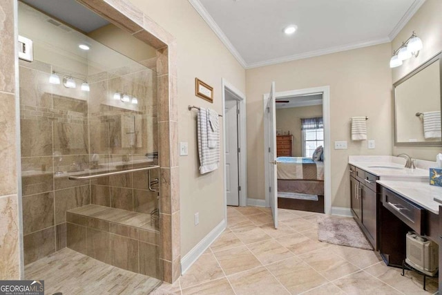57 Cedarcrest Village Ln, Acworth, GA 30101 - ensuite bathroom with crown molding, a tile shower, baseboards, vanity, and tile patterned floors