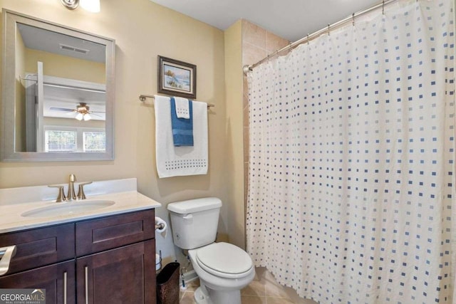 57 Cedarcrest Village Ln, Acworth, GA 30101 - full bath with vanity, toilet, a ceiling fan, curtained shower, and tile patterned flooring