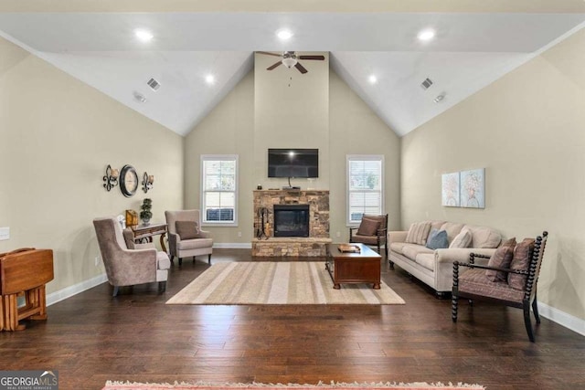 57 Cedarcrest Village Ln, Acworth, GA 30101 - living room featuring ceiling fan, a stone fireplace, dark wood-style floors, healthy amount of natural light, and high vaulted ceiling