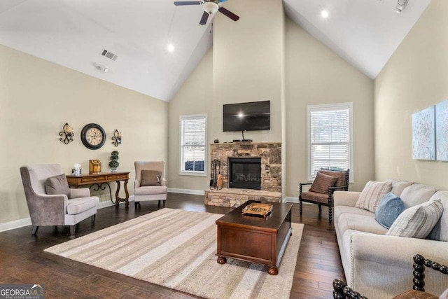 57 Cedarcrest Village Ln, Acworth, GA 30101 - living area featuring high vaulted ceiling, plenty of natural light, baseboards, wood finished floors, and recessed lighting