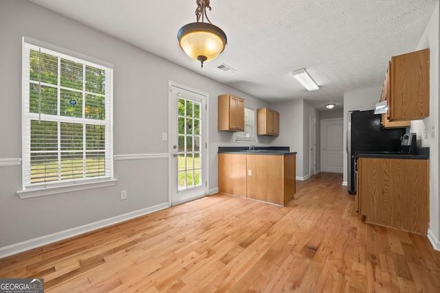 60 Charlotte Blvd, Stockbridge, GA 30281 - kitchen featuring a peninsula, light wood-style flooring, dark countertops, visible vents, and brown cabinets