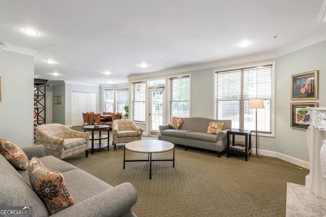 carpeted living room with baseboards, recessed lighting, and ornamental molding