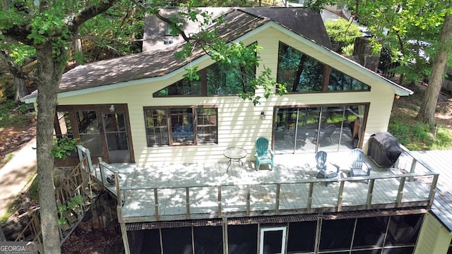 364 Cardinal Ln, Toccoa, GA 30577 - back of property with a deck, a shingled roof, and a chimney