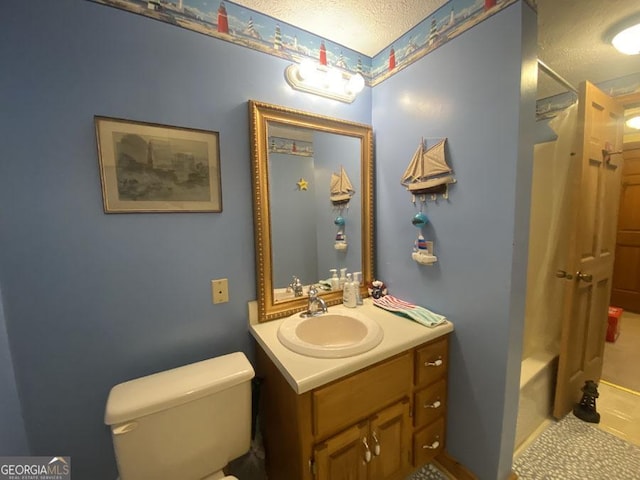 364 Cardinal Ln, Toccoa, GA 30577 - bathroom featuring a textured ceiling, vanity, toilet, and shower / tub combo
