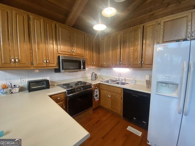 364 Cardinal Ln, Toccoa, GA 30577 - kitchen with black appliances, a sink, decorative backsplash, light countertops, and beamed ceiling