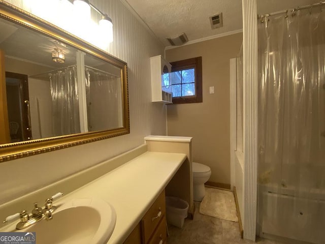 364 Cardinal Ln, Toccoa, GA 30577 - full bathroom featuring toilet, vanity, crown molding, a textured ceiling, and shower / tub combo with curtain