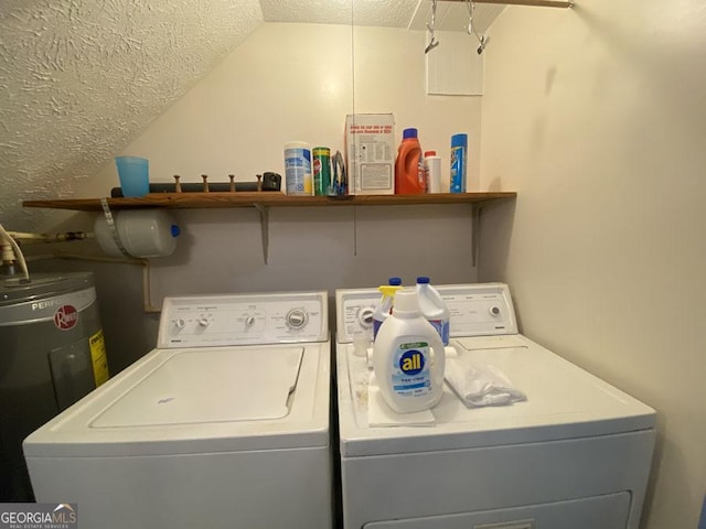 364 Cardinal Ln, Toccoa, GA 30577 - washroom featuring washer and dryer, water heater, and a textured ceiling