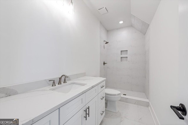 100 Forest Pl, Forsyth, GA 31029 - bathroom with tiled shower, toilet, marble finish flooring, recessed lighting, and vanity