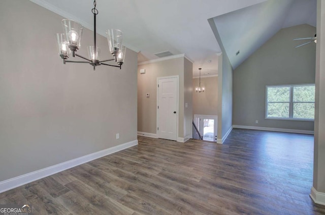 interior space with crown molding, visible vents, baseboards, and dark wood-type flooring
