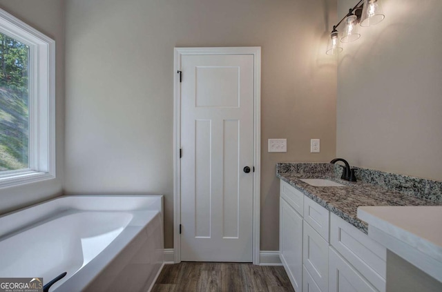 full bath featuring wood finished floors, a garden tub, and vanity