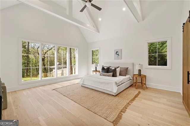 1074 Moores Mill Rd NW, Atlanta, GA 30327 - bedroom with high vaulted ceiling, beam ceiling, light wood-type flooring, recessed lighting, and a ceiling fan