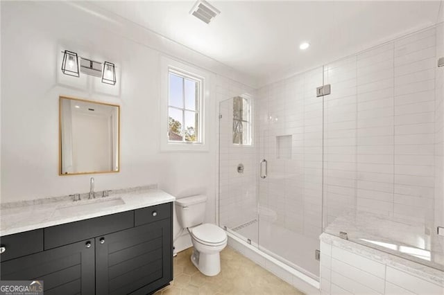 1074 Moores Mill Rd NW, Atlanta, GA 30327 - full bath featuring vanity, a stall shower, recessed lighting, and tile patterned floors