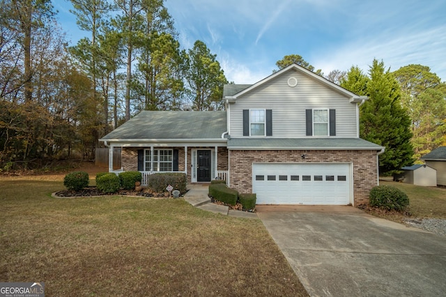 view of front of property with an attached garage, concrete driveway, a front yard, brick siding, and roof with shingles