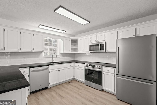 kitchen featuring a sink, dark countertops, light wood-type flooring, and appliances with stainless steel finishes