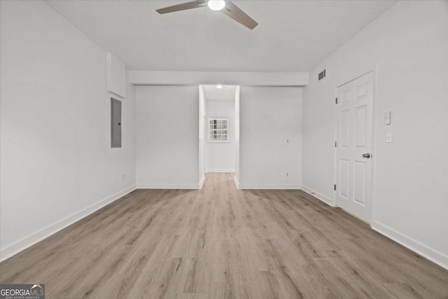 unfurnished room with electric panel, visible vents, wood finished floors, and ceiling fan
