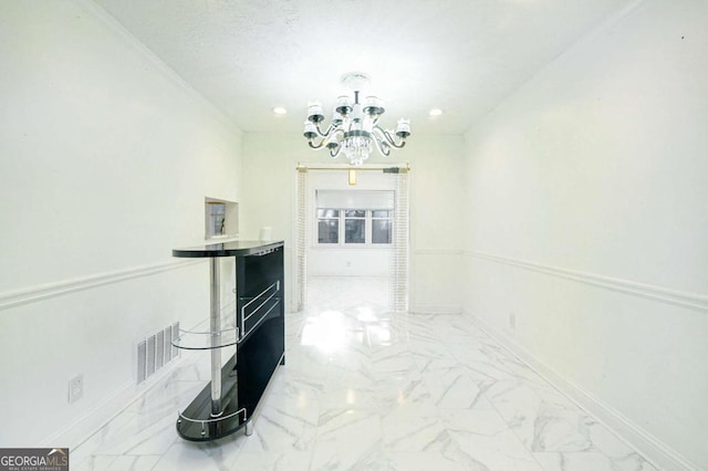 dining space featuring recessed lighting, baseboards, marble finish floor, visible vents, and a notable chandelier