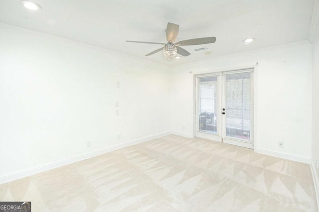 unfurnished room featuring light colored carpet, recessed lighting, baseboards, and a ceiling fan