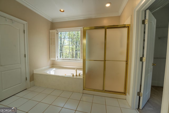 full bathroom with a bath, tile patterned floors, recessed lighting, a shower stall, and ornamental molding