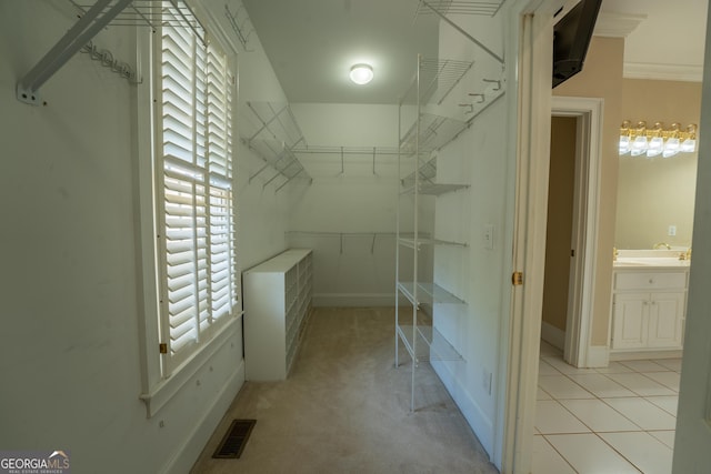 walk in closet featuring visible vents and light colored carpet