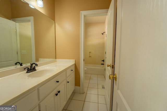 full bath with baseboards, tile patterned flooring, vanity, and shower / washtub combination