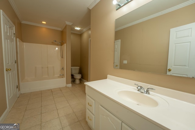 full bath with vanity, shower / tub combination, toilet, ornamental molding, and tile patterned flooring