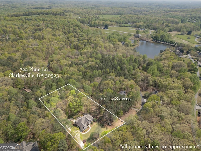 birds eye view of property featuring a view of trees and a water view