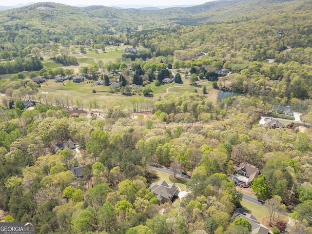 aerial view with a mountain view and a wooded view