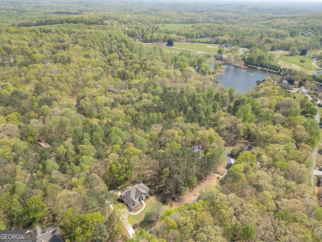 bird's eye view featuring a forest view and a water view