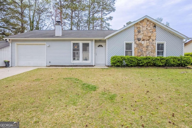 view of front of house featuring a garage, a front yard, driveway, and a chimney