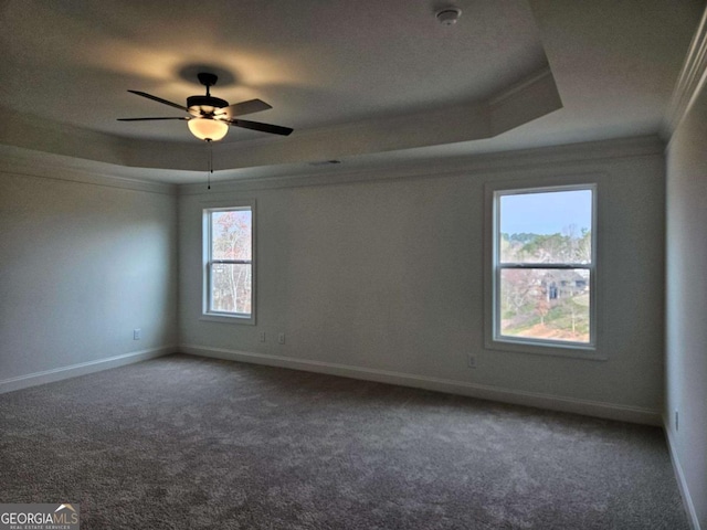 empty room with baseboards, carpet floors, ornamental molding, and a raised ceiling