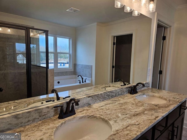 full bath with double vanity, a sink, ornamental molding, and visible vents