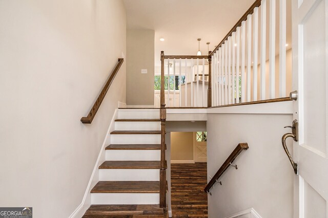 2183 Seaman Cir, Atlanta, GA 30341 - stairs featuring baseboards, a high ceiling, wood finished floors, and recessed lighting