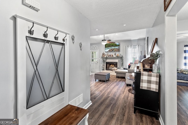 95 Joshua Ct, Zebulon, GA 30295 - foyer with dark wood-style floors, a textured ceiling, ceiling fan, and a lit fireplace