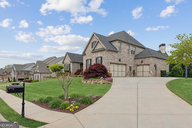 968 Woodtrace Ln, Auburn, GA 30011 - french provincial home featuring a front yard, a chimney, brick siding, a residential view, and driveway