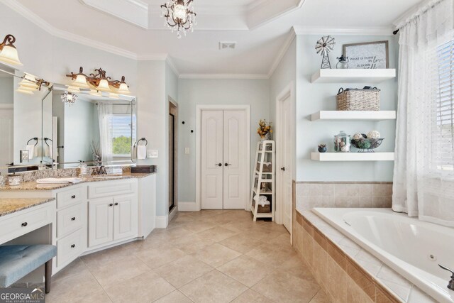 968 Woodtrace Ln, Auburn, GA 30011 - bathroom with visible vents, a bath, a notable chandelier, crown molding, and vanity