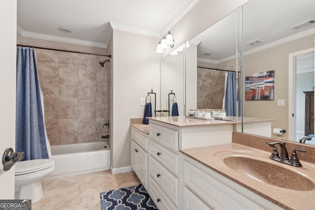 968 Woodtrace Ln, Auburn, GA 30011 - bathroom with visible vents, toilet, shower / tub combo with curtain, vanity, and tile patterned flooring