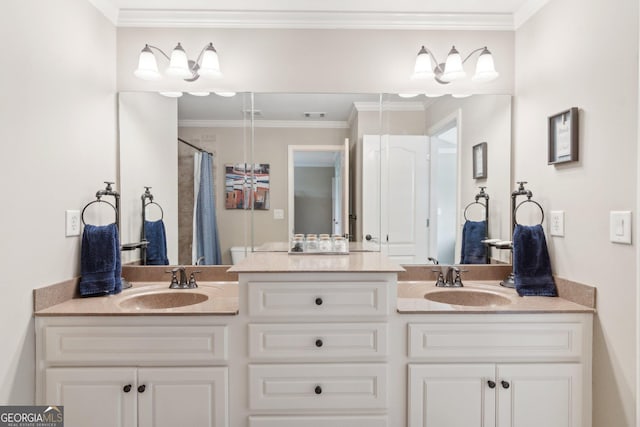 968 Woodtrace Ln, Auburn, GA 30011 - bathroom featuring double vanity, a sink, ornamental molding, and visible vents