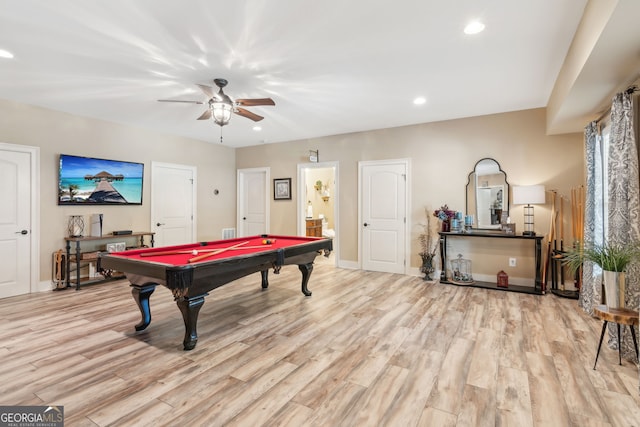 968 Woodtrace Ln, Auburn, GA 30011 - playroom featuring billiards, recessed lighting, ceiling fan, and light wood-style floors