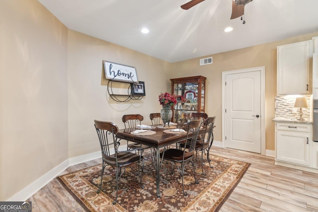 968 Woodtrace Ln, Auburn, GA 30011 - dining area with visible vents, baseboards, ceiling fan, light wood-style floors, and recessed lighting