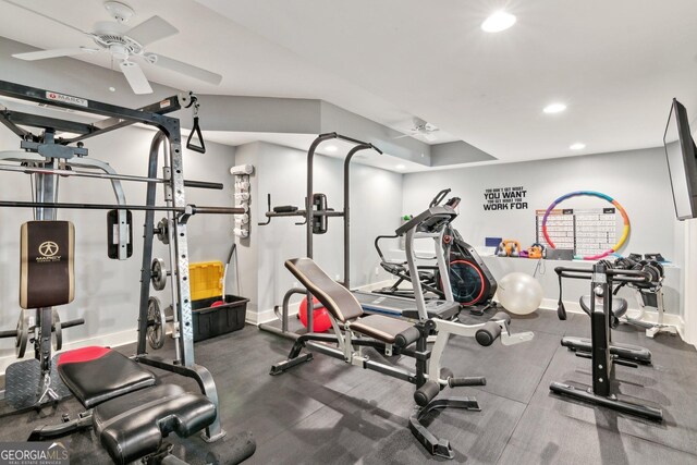 968 Woodtrace Ln, Auburn, GA 30011 - exercise room featuring recessed lighting, baseboards, and a ceiling fan