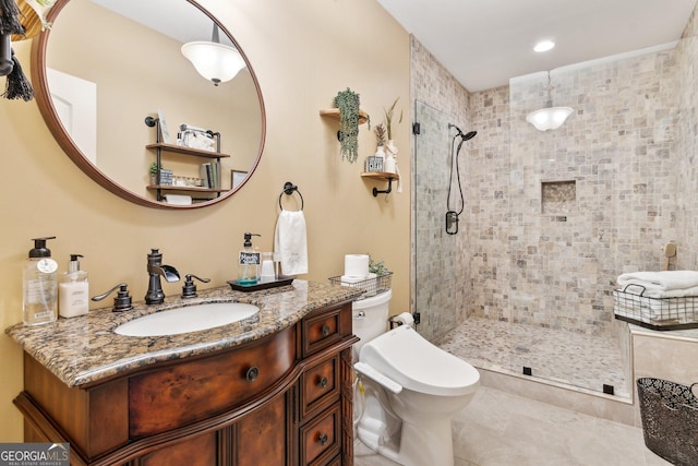 968 Woodtrace Ln, Auburn, GA 30011 - full bathroom featuring toilet, tiled shower, vanity, and recessed lighting