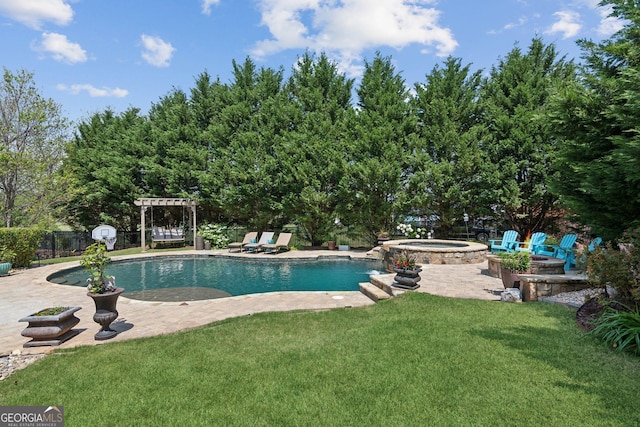 968 Woodtrace Ln, Auburn, GA 30011 - view of swimming pool with a pergola, a yard, a pool with connected hot tub, fence, and a patio