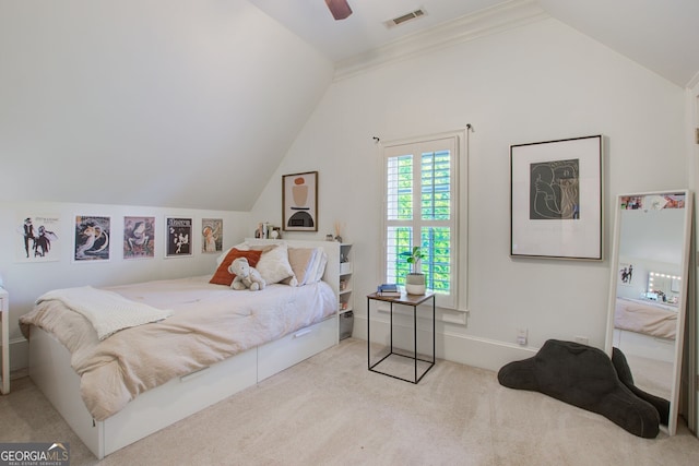 bedroom featuring ceiling fan, carpet floors, vaulted ceiling, and visible vents