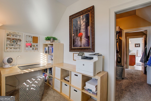 office area with carpet floors and lofted ceiling