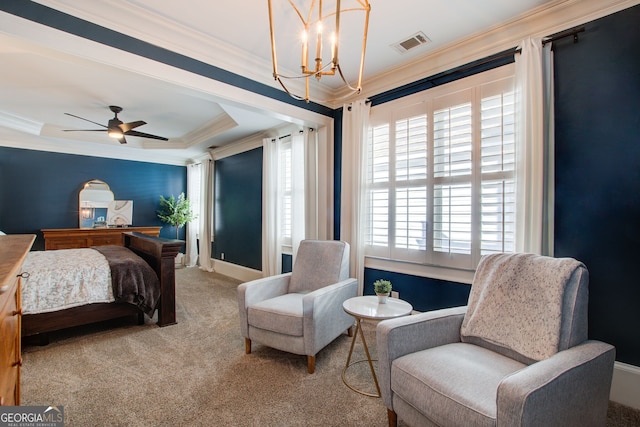 bedroom with carpet flooring, visible vents, an inviting chandelier, and crown molding