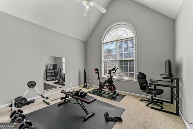 79 Tiffany Trce, Palmetto, GA 30268 - exercise area featuring baseboards, vaulted ceiling, ceiling fan, and carpet