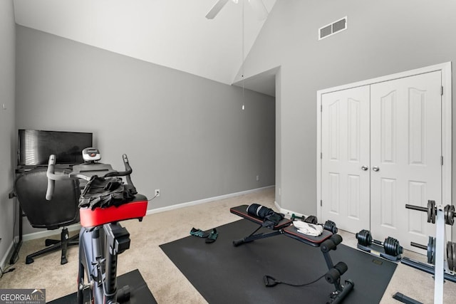 79 Tiffany Trce, Palmetto, GA 30268 - workout room with high vaulted ceiling, baseboards, visible vents, ceiling fan, and carpet